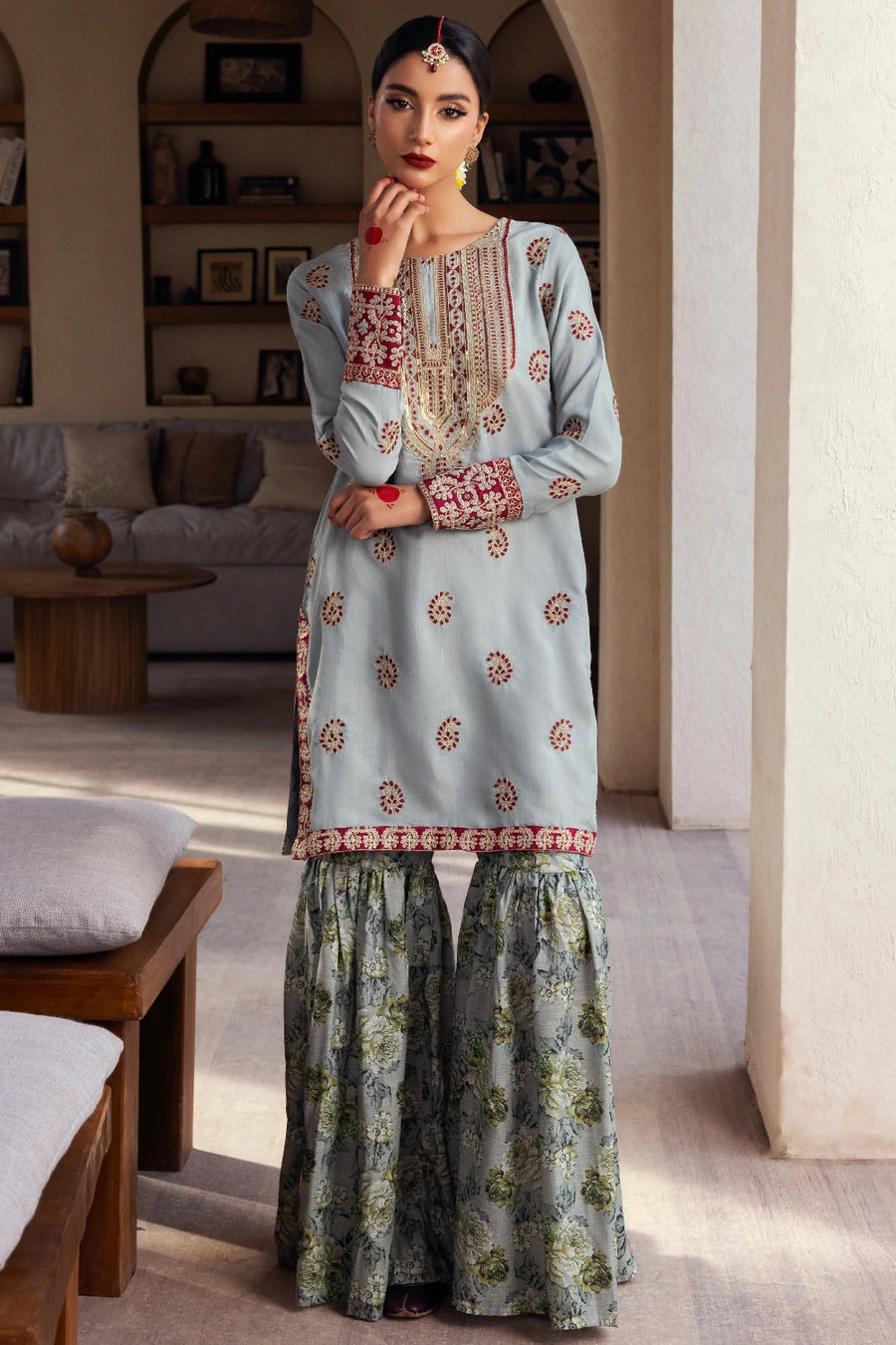 Zebunissa - 2 Piece - Raw Silk(Shirt/Garara) - Stitched
